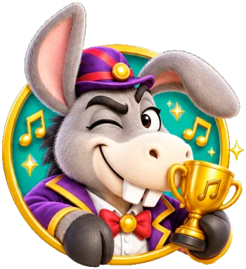 Daming the donkey celebrating with a golden trophy